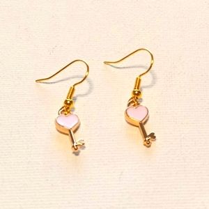 Gold Plated Pink Enamel Mini Heart Key Earrings